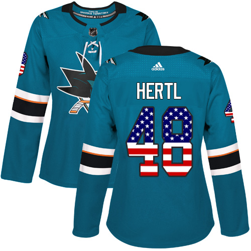 Adidas Sharks #48 Tomas Hertl Teal Home Authentic USA Flag Women's Stitched NHL Jersey